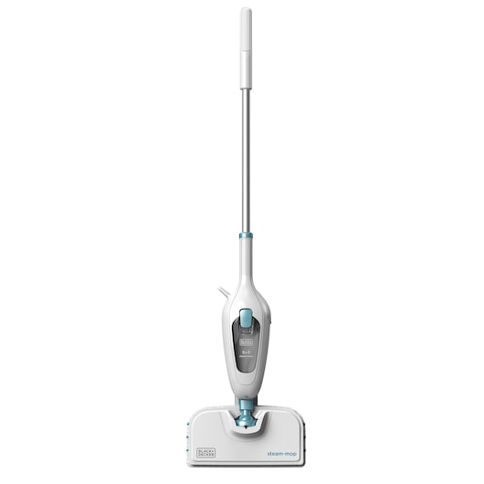 Un balai vapeur BLACK+DECKER FSMH13E5 au design blanc et bleu, présenté à la verticale sur un fond blanc.