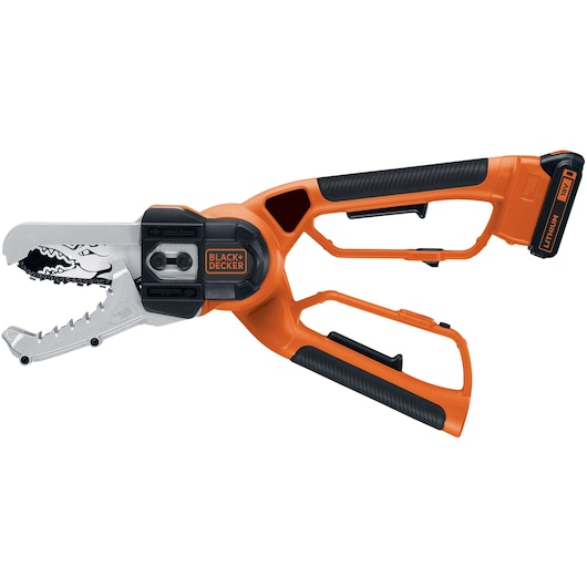 Un ébrancheur sans fil BLACK+DECKER alligator avec une poignée orange et noire. L’outil possède un mécanisme de coupe ressemblant à une mâchoire et une batterie lithium rechargeable.