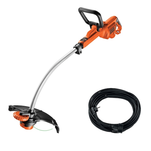 Een elektrische grastrimmer van BLACK+DECKER met een oranje en zwart handvat, gebogen zilveren steel en een spoel met zwart elektriciteitssnoer.