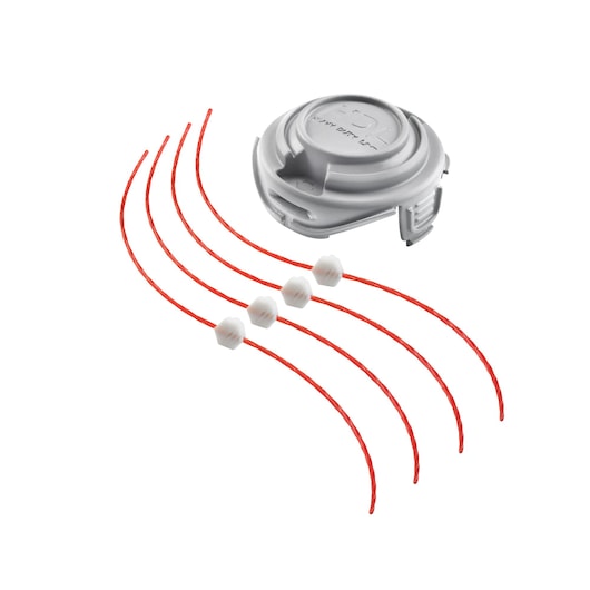 BLACKDECKER GL7033 bobine de coupe-bordures et quatre fils rouges avec connecteurs blancs, photo vue de dessus.