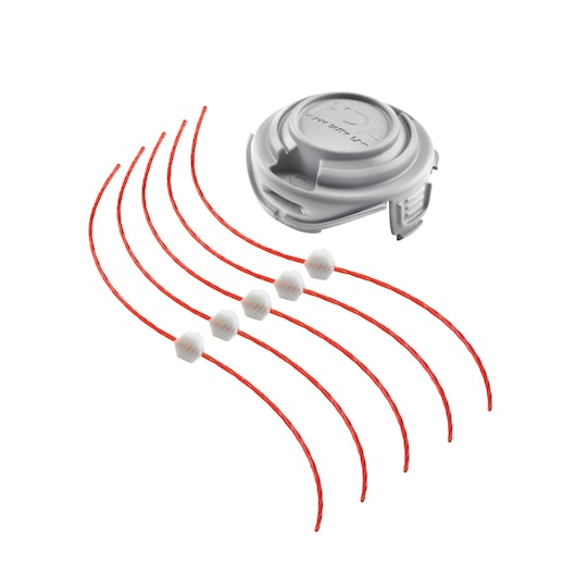 BLACKDECKER GL9035 trimmerspoel met vijf rode snijdraadjes en witte afstandhouders, voorkant.
