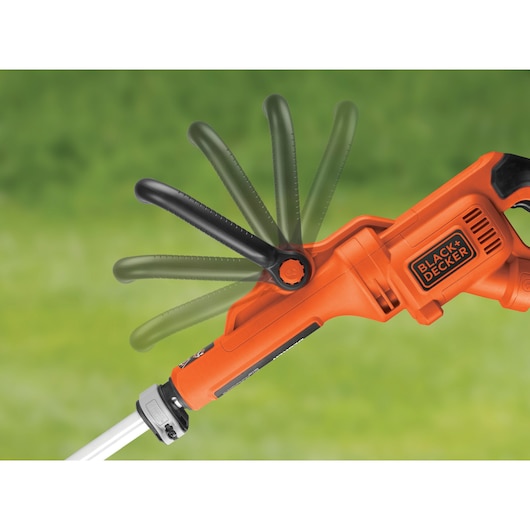 BLACK+DECKER GL9035 handgreepverstelling grastrimmer, oranje en zwart gereedschap, zijaanzicht.