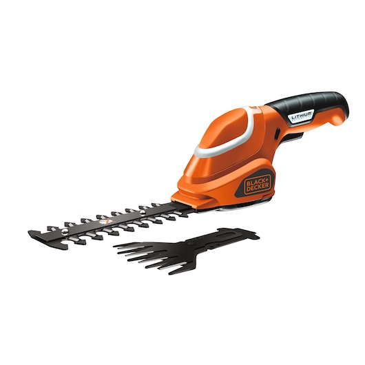 BLACKDECKER GSL700 cisaille à gazon et taille-haie sans fil orange, incliné sur fond blanc.
