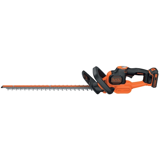 Taille-haie sans fil BLACK+DECKER avec un design orange et noir, comprenant une batterie lithium 18V et une longue lame.