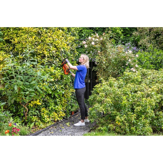 Personne taillant une haie de jardin avec le taille-haie sans fil BLACKDECKER GTC1845B, entourée de feuillage vert.