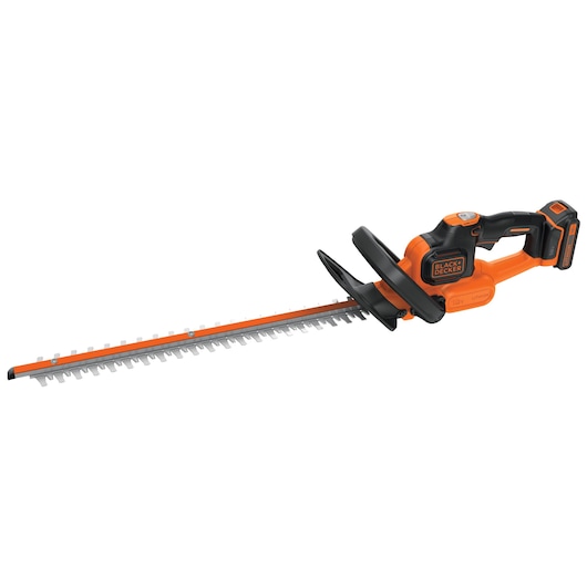 Foto van BLACKDECKER GTC18502PC draadloze heggenschaar, oranje en zwart, zijaanzicht, op witte achtergrond.