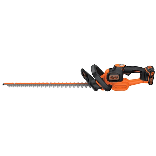 BLACKDECKER GTC18502PC taille-haie sans fil, orange et noir, vue latérale sur fond blanc.