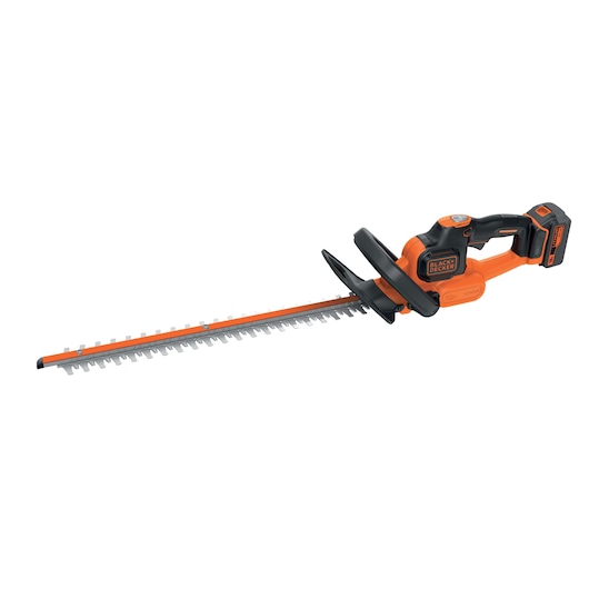 BLACKDECKER GTC18504PC oranje draadloze heggenschaar, zijaanzicht op witte achtergrond.