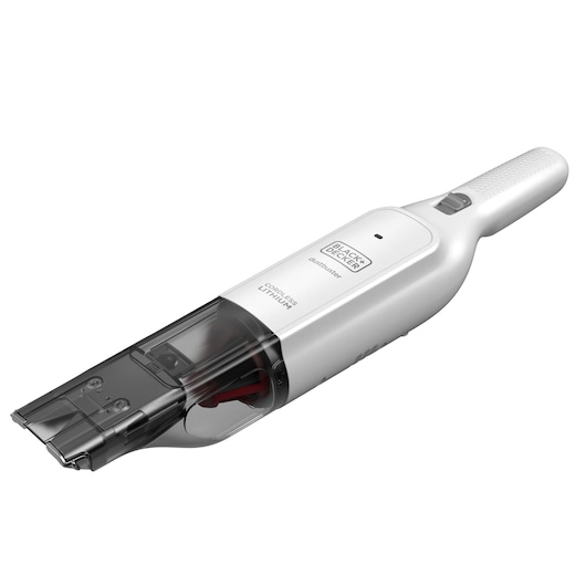 BLACKDECKER HLVC315B11 draagbare draadloze stofzuiger in wit, schuin op witte achtergrond.