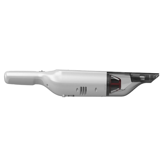 BLACKDECKER HLVC315B11 handstofzuiger, zijaanzicht, witte behuizing met transparante mondstuk, fotografie.