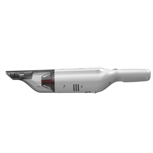 BLACKDECKER HLVC315B11 handstofzuiger, zijaanzicht, wit en grijs ontwerp, fotografie op witte achtergrond.