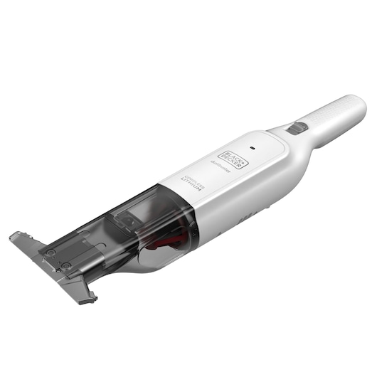 BLACK+DECKER HLVC315J11 draadloze handstofzuiger in wit met een transparante stofcontainer en uitschuifbare mondstuk, afgebeeld tegen een witte achtergrond.