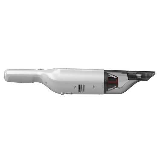 Zijaanzicht van een BLACK+DECKER draadloze handstofzuiger, model HLVC315J11, met een slanke witte behuizing en een transparante stofcontainer.