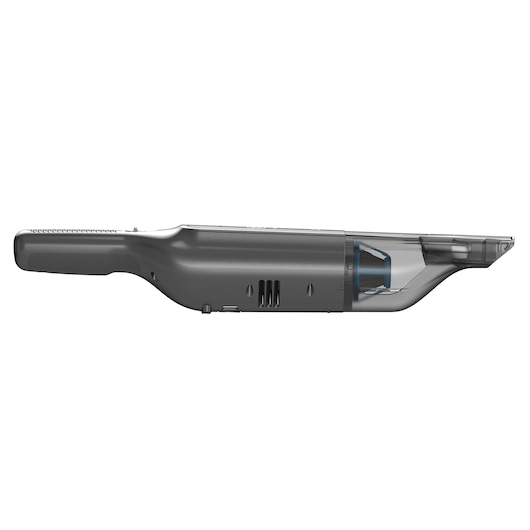 BLACKDECKER HLVC320B11 aspirateur à main, vue latérale, corps noir et transparent, fond blanc.