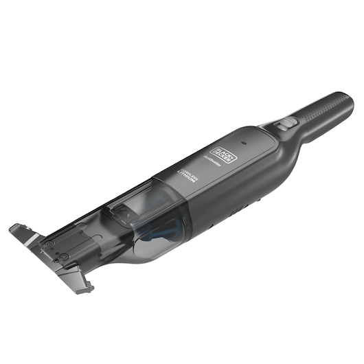 Een BLACK+DECKER draadloze handstofzuiger, model HLVC320J11, afgebeeld in driekwartaanzicht met een zwart en grijs ontwerp en een slank profiel.