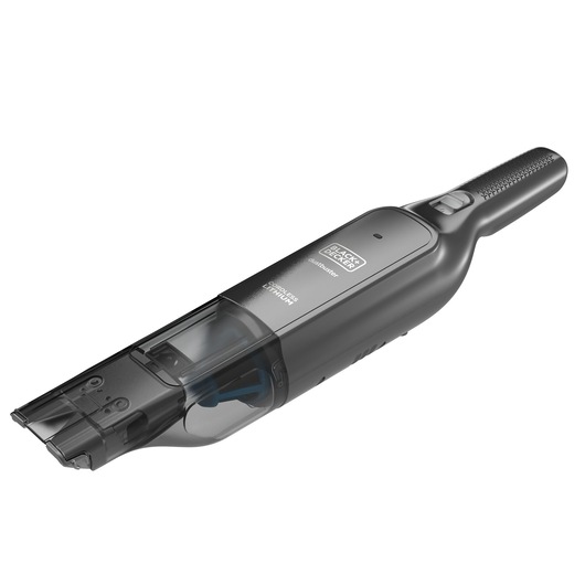 Draadloze handstofzuiger van BLACK+DECKER, model HLVC320J11, gefotografeerd op een witte achtergrond. Het apparaat is slank en compact met een donkergrijze behuizing en een transparante stofcontainer aan de voorkant.