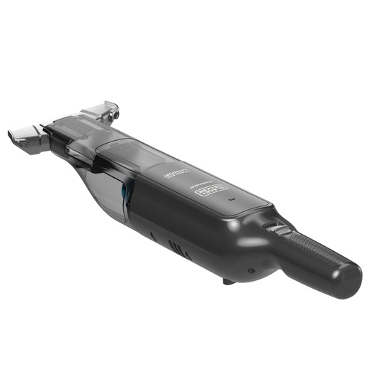 Een BLACK+DECKER handstofzuiger model HLVC320J11, met een compact ontwerp en een bevestigde mondstuk, weergegeven tegen een witte achtergrond.