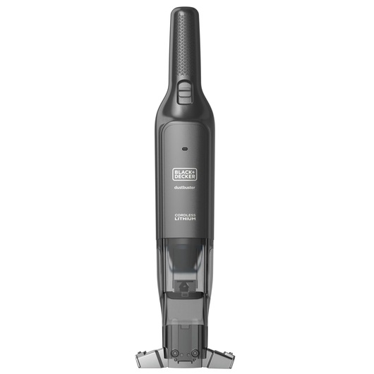 Een BLACK+DECKER dustbuster draadloze lithium handstofzuiger staat rechtop op een witte achtergrond.