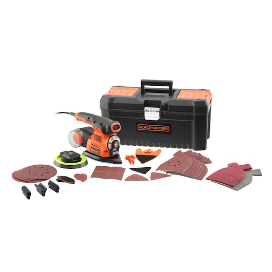 Kit ponceuse multifonction BLACK+DECKER comprenant une ponceuse électrique orange et noire, divers accessoires de ponçage, des feuilles abrasives et une boîte à outils noire avec des accents orange et le logo BLACK+DECKER.