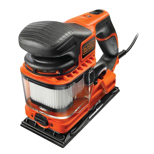Une ponceuse électrique BLACK+DECKER avec une base de ponçage rectangulaire, un collecteur de poussière et un design orange et noir.