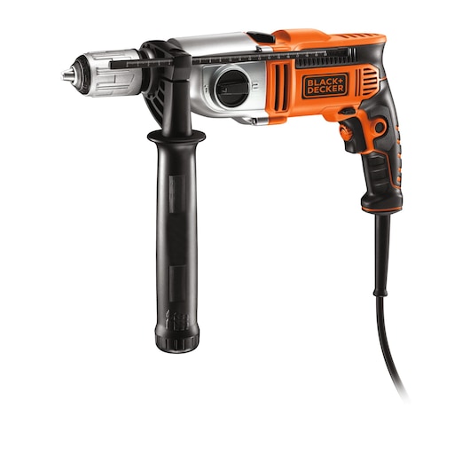 BLACK+DECKER elektrische boormachine met snoer, oranje en zwarte handgreep, zijhandgreep en diepte-aanslag.