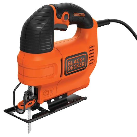 BLACK+DECKER KS701E oranje elektrische decoupeerzaag, zijaanzicht, met zwarte grip en variabele snelheid.