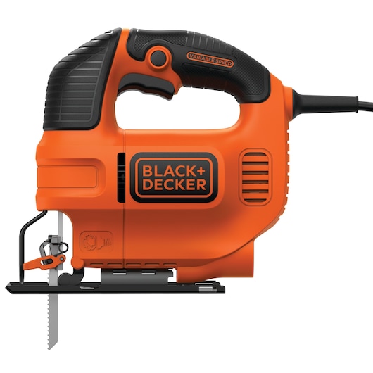 BLACK+DECKER KS701E oranje elektrische decoupeerzaag, zijaanzicht, zwarte handgreep, variabele snelheid, zichtbare zaag.