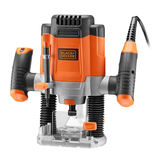 Een BLACK+DECKER bovenfreesmachine met een oranje en zwart ontwerp, afgebeeld met de basis en handgrepen, gebruikt voor houtbewerking en snijtoepassingen.