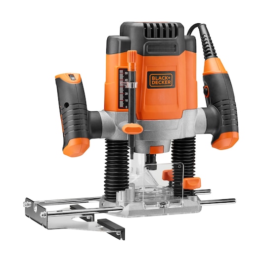 BLACK+DECKER KW1200EKA bovenfrees met een oranje en zwarte behuizing, verstelbare dieptemeter, ergonomische handgrepen en metalen geleiders.