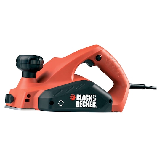 Een elektrische handschaaft van BLACK+DECKER in oranje en zwart, van de zijkant getoond tegen een witte achtergrond.