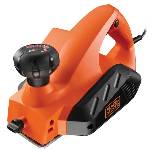 BLACK+DECKER KW712 oranje elektrische schaafmachine, voorkant, zwarte greep en verstelknop zichtbaar.