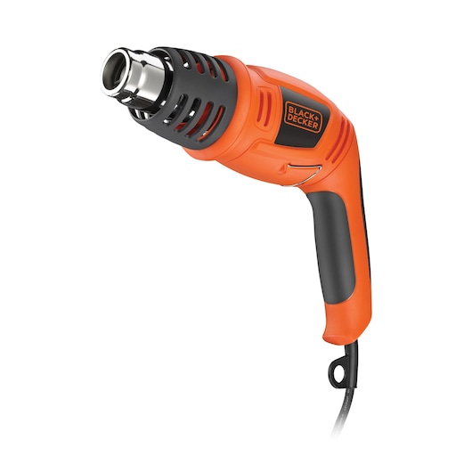 Een oranje en zwarte BLACK+DECKER heteluchtpistool, weergegeven tegen een witte achtergrond.