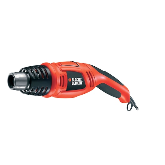Een BLACK+DECKER heteluchtpistool met een rood-zwarte handgreep en metalen mondstuk, geschikt voor diverse verwarmingsklussen.