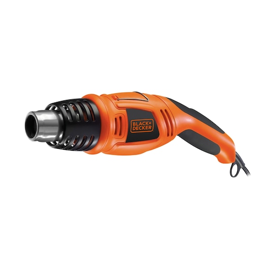 Een oranje en zwarte BLACK+DECKER heteluchtpistool, model KX1693, met metalen mondstuk en ergonomisch handvat, afgebeeld tegen een witte achtergrond.