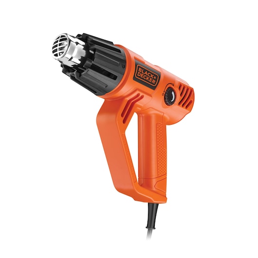 Een oranje heteluchtpistool van het merk BLACK+DECKER met een zwarte spuitmond en verstelbare temperatuurschijf, afgebeeld tegen een witte achtergrond.