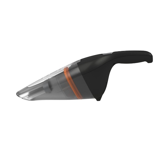 Un aspirateur à main BLACK+DECKER avec un corps noir et transparent, doté d'une ligne orange près du compartiment à poussière. L'appareil est présenté de côté, mettant en avant sa poignée ergonomique et son design compact.
