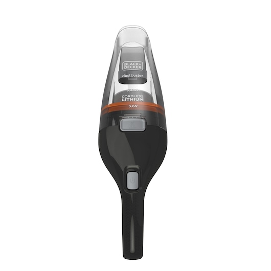 Un aspirateur à main sans fil BLACK+DECKER, modèle Dustbuster, présenté debout. L'aspirateur possède un conteneur à poussière transparent, une poignée ergonomique noire et un marquage indiquant qu'il utilise une batterie lithium de 3,6V.