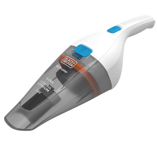 BLACK+DECKER NVC115JL aspirateur à main sans fil, blanc et gris, vue avant sur fond blanc.