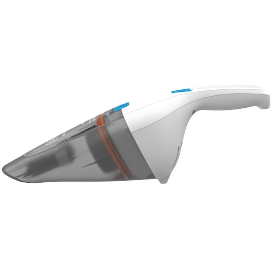 BLACKDECKER aspirateur à main NVC115JL vue latérale, corps blanc et réservoir gris translucide.