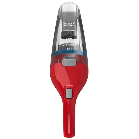 Vooraanzicht van een Black+Decker dustbuster draadloze handstofzuiger met een rode handgreep en een transparante bovenkant.
