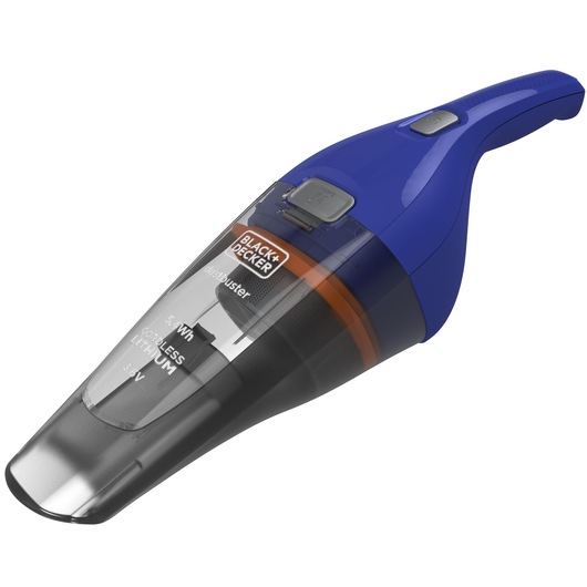 BLACKDECKER NVC115WA draadloze handstofzuiger blauw en zwart, zijaanzicht, doorzichtige stofbak.