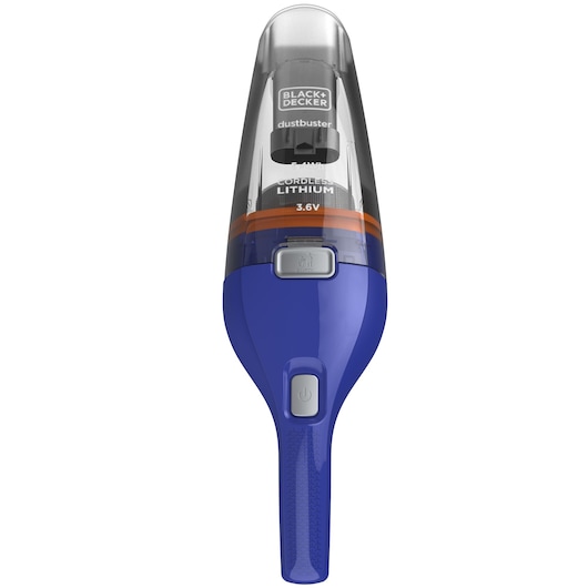 BLACKDECKER NVC115WA aspirateur à main sans fil bleu, vue de face, bac transparent, accent orange.