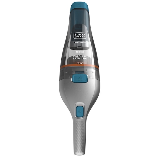 Vooraanzicht van een BLACK+DECKER draadloze handstofzuiger, model NVC215WA, met een slank grijs-blauw ontwerp en gelabelde knoppen voor aan/uit en het legen van de stofcontainer.