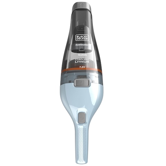 Un aspirateur portable sans fil BLACK+DECKER, modèle dustbuster, avec une partie noire transparente affichant les informations du produit, dont une batterie lithium et une puissance de 7.2V, corps bleu clair et bouton d’alimentation.