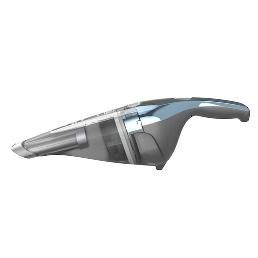 Zijaanzicht van een BLACK+DECKER handstofzuiger met een slank ontwerp, voorzien van een transparant stofreservoir en ergonomisch handvat.