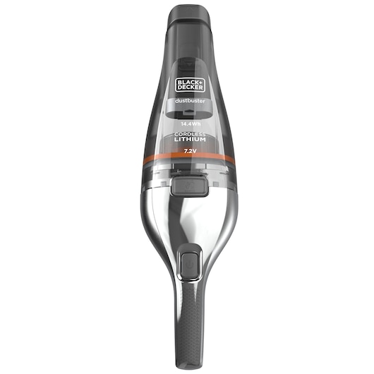Een BLACK+DECKER Dustbuster draadloze handstofzuiger met lithiumbatterij, rechtop afgebeeld tegen een witte achtergrond.
