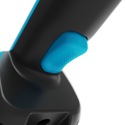 Photo en gros plan de la poignée d’aspirateur BLACK+DECKER NVD215J avec prise texturée bleue, produit en angle sur fond blanc.