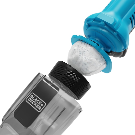 Gros plan sur le filtre et le bac à poussière de l’aspirateur à main BLACK+DECKER NVD215J sur fond blanc.