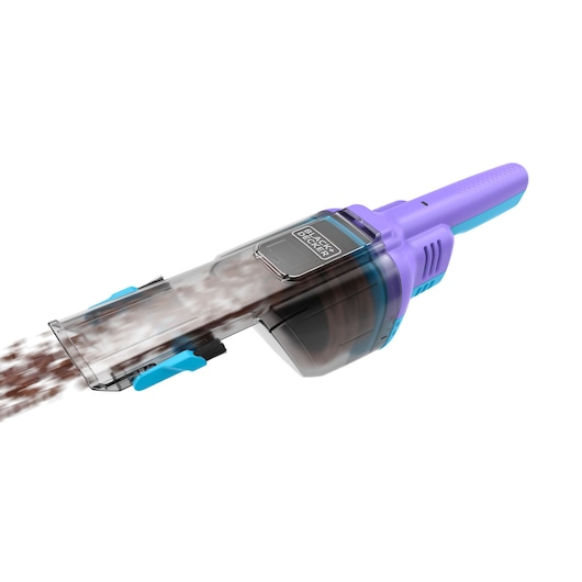 BLACK+DECKER NVD220BP handstofzuiger in paars en blauw, zijaanzicht, stof wordt uitgestoten.