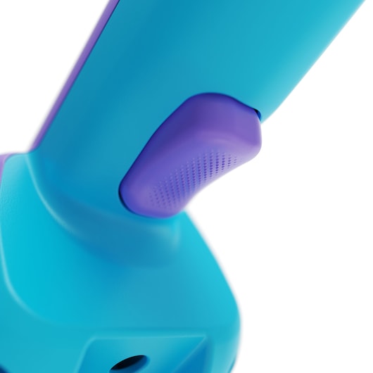 Close-up foto van BLACK+DECKER NVD220BP, blauw en paars handvat met paarse geribbelde trekker, witte achtergrond.